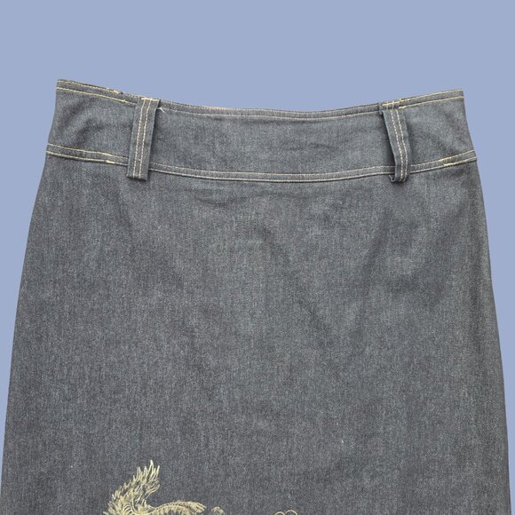 Vintage 90s Black Denim Maxi Skirt Dragon Print Size M US 10 Grunge Rave Boho - Picture 5 of 9